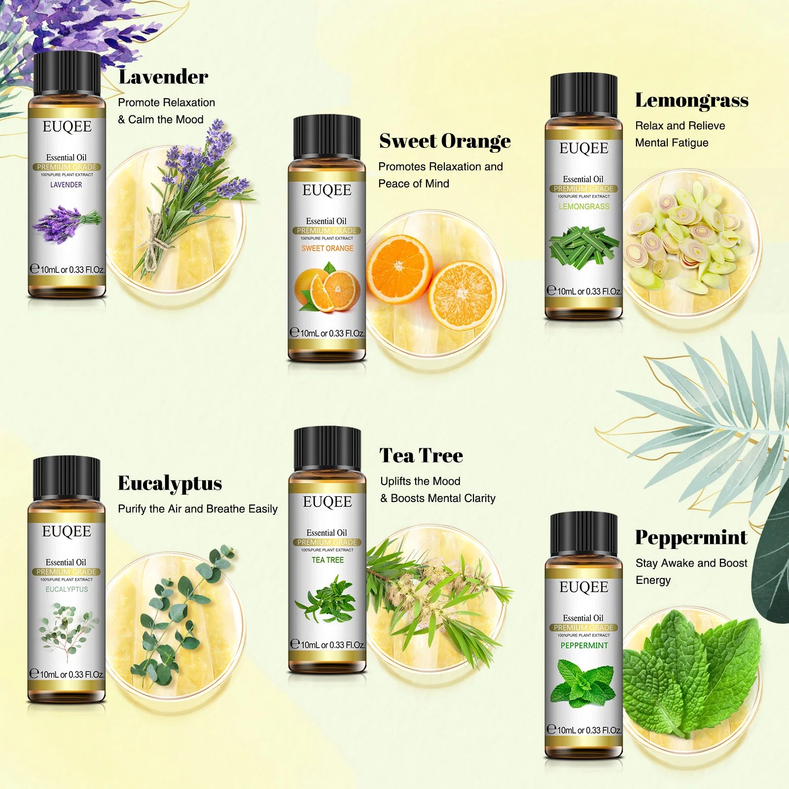6 Bottles Essential Oils Set for Diffuser DIY Soap Candle Making-Peppermint Lavender Sweet Orange Lemongrass Eucalyptus