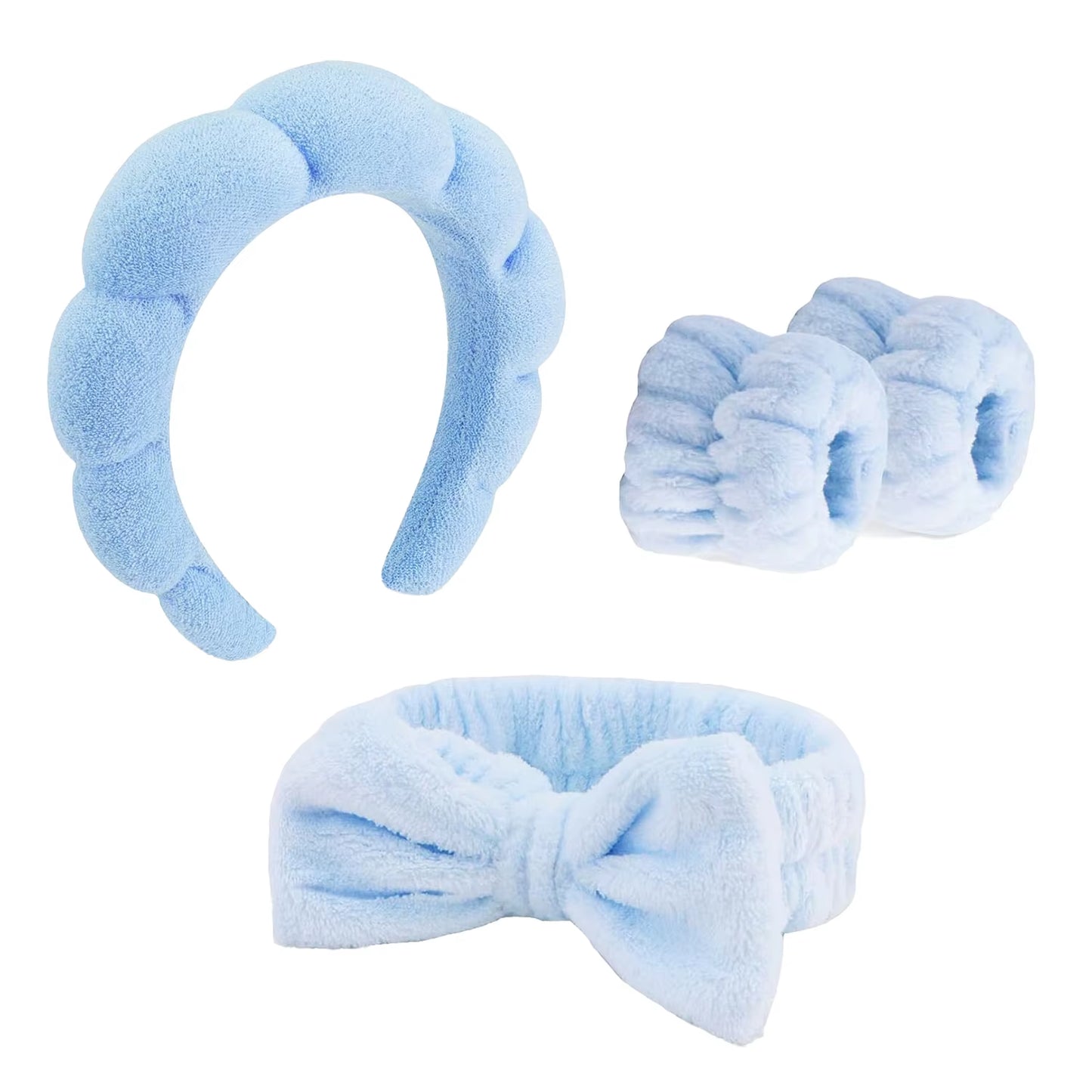 4PCS Spa Headbands Makeup Face Wash Skincare Tools Hair Accessories with Blue Sponge Bow Tie Wristbands